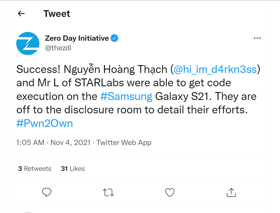 Pwn2Own Austin 2021 — Samsung Galaxy S21