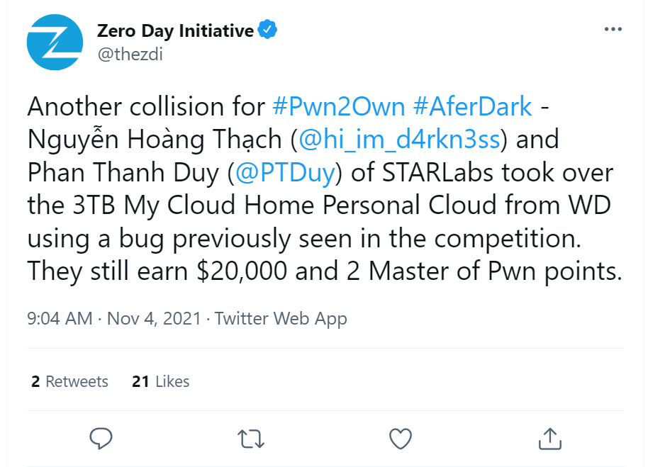 Pwn2Own Austin 2021 — WD My Cloud Home