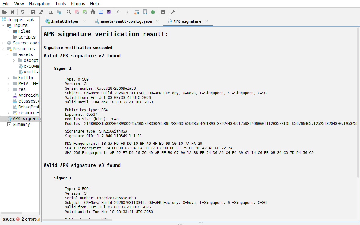 jadx, dropper APK signature: CN=Nova Build 20260703113341, OU=APK Factory, O=Nova, L=Singapore, C=SG