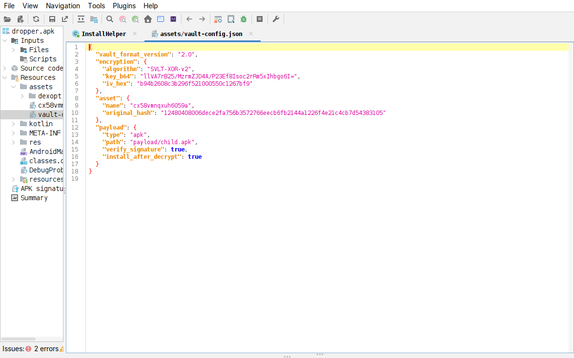 jadx, the dropper&rsquo;s assets/vault-config.json open in the decompiler: SVLT-XOR-v2 with the base64 key, hex IV, encrypted asset name and the child&rsquo;s original SHA-256, all in cleartext