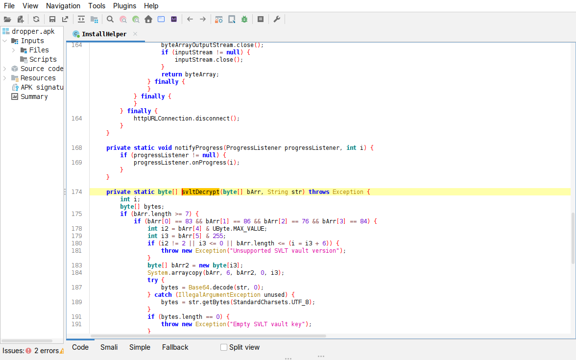 jadx, InstallHelper.svltDecrypt: SVLT magic check, version, IV length, base64 key