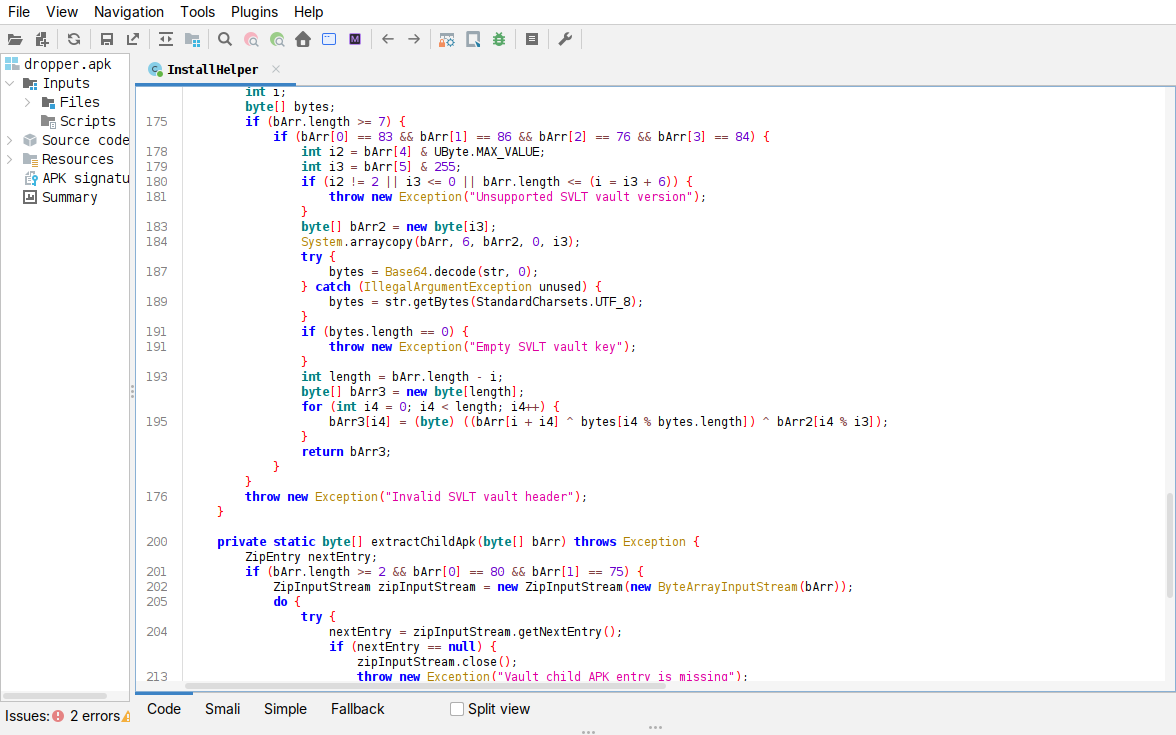 jadx, the XOR loop and extractChildApk pulling the child APK from the decrypted ZIP