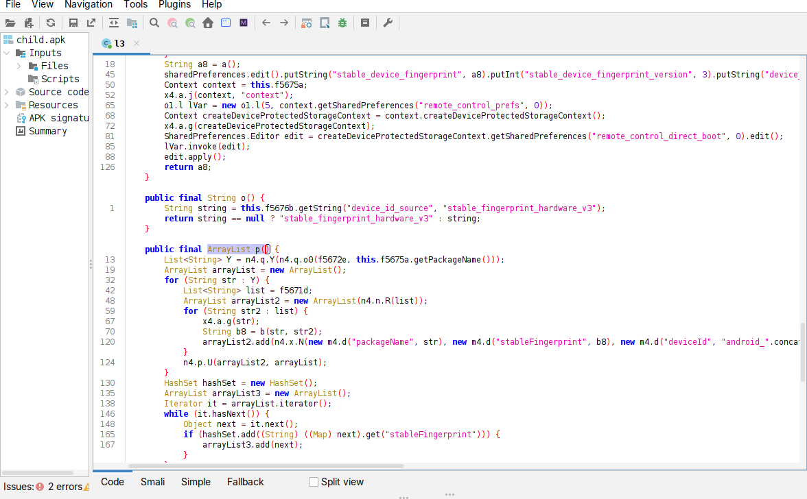 jadx, stable fingerprint persistence and the p() identity generator