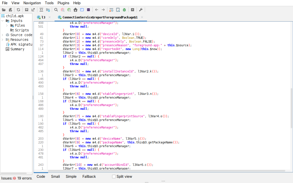 jadx, reportForegroundPackage payload fields, part 1: deviceId to accountBindId
