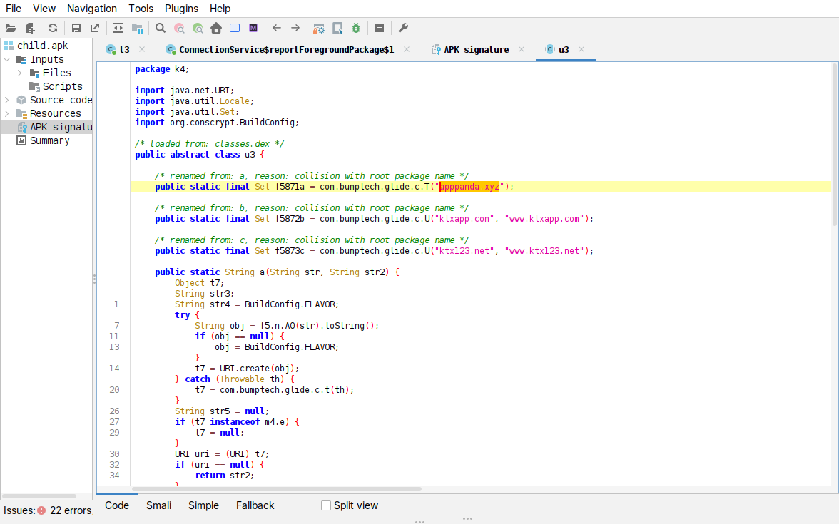 jadx, k4.u3 host set: apppanda.xyz as a single-element set via c.T, ktxapp.com and ktx123.net as two-element sets via c.U that add the www aliases
