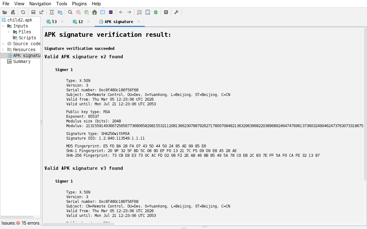 jadx, second sample APK signature: the same CN=Remote Control, O=YuanKong certificate, SHA-256 73CBE8E3&hellip;321387, serial 0xc8f480c186f56f68