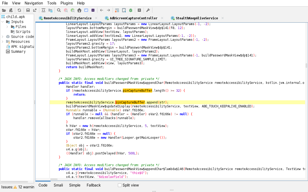 jadx, buildPasswordMaskView appendChar: appends the real digit to pinCaptureBuffer while updateDisplay shows masked dots