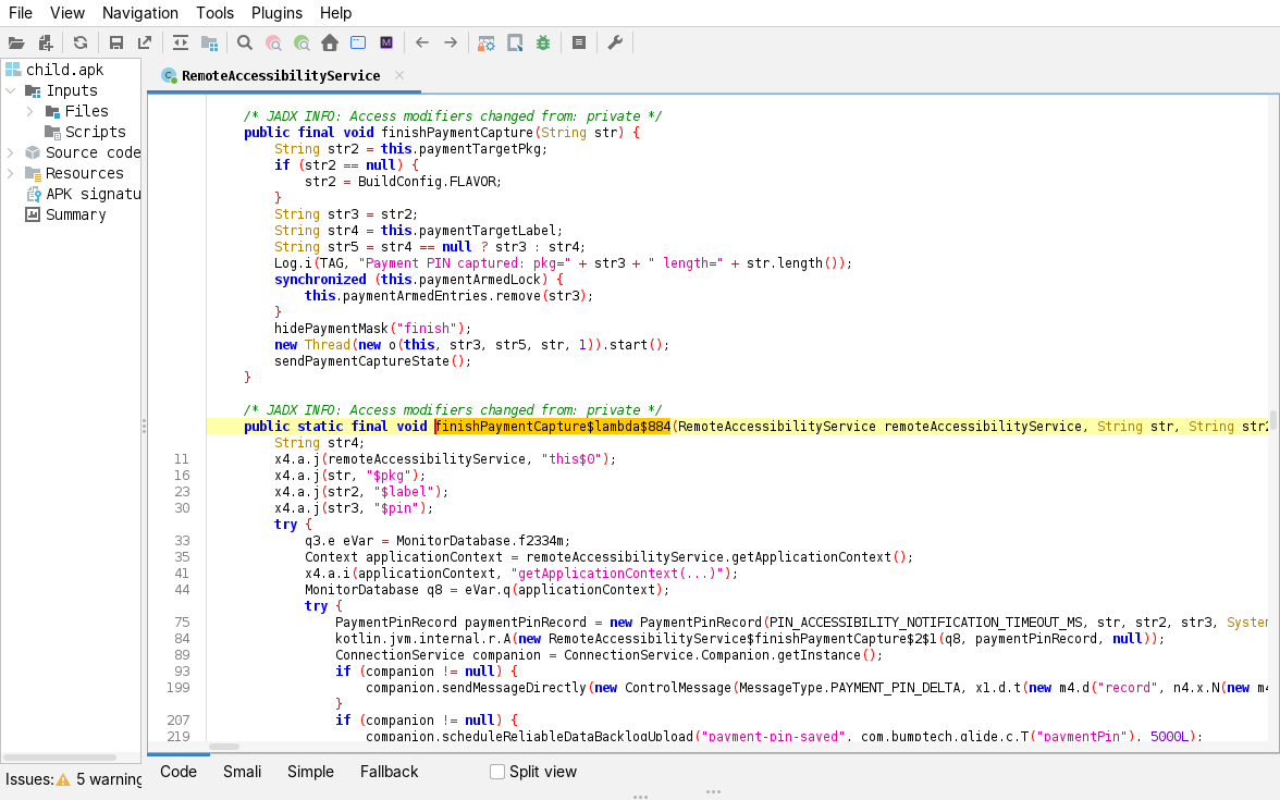 jadx, finishPaymentCapture: PaymentPinRecord saved to MonitorDatabase, then sent as PAYMENT_PIN_DELTA and queued for reliable-backlog upload