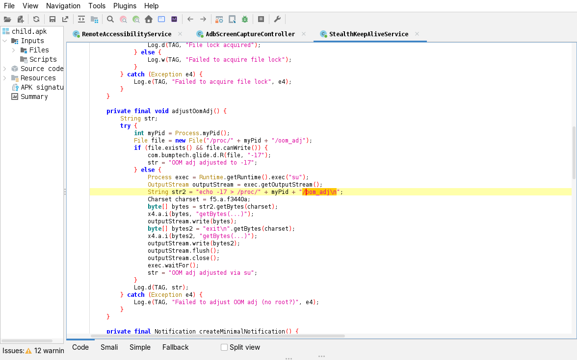 jadx, StealthKeepAliveService.adjustOomAdj: writes -17 to /proc//oom_adj, directly then via su