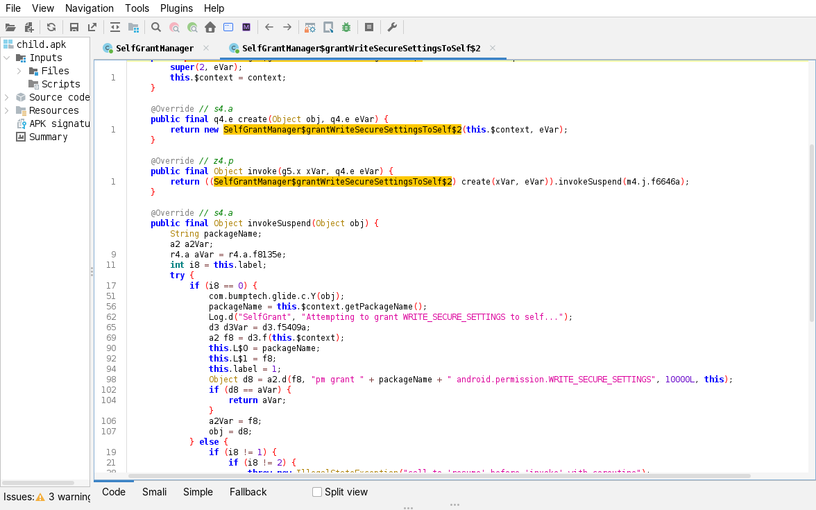 jadx, SelfGrantManager: pm grant  android.permission.WRITE_SECURE_SETTINGS executed over the libadb AdbStream