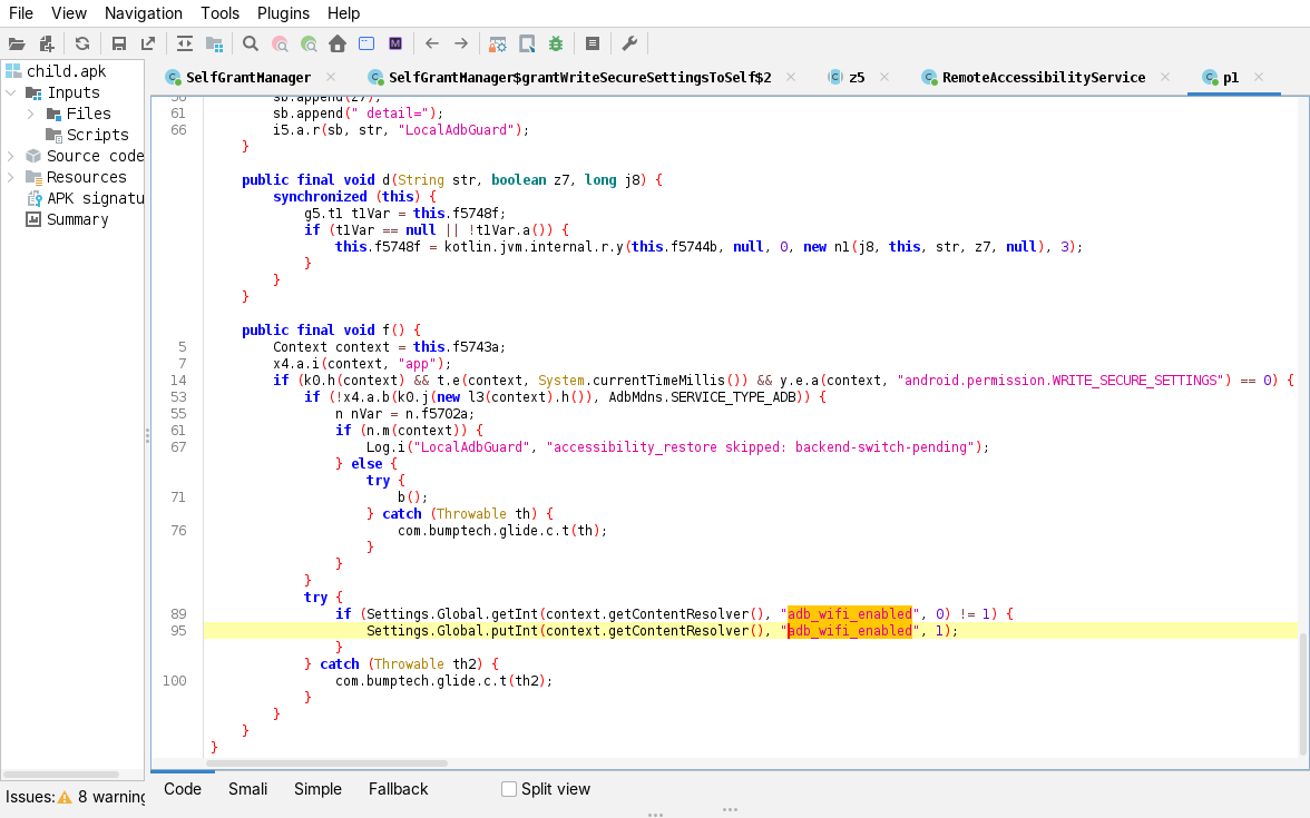 jadx, k4.p1.f (LocalAdbGuard): Settings.Global.putInt(&ldquo;adb_wifi_enabled&rdquo;, 1) and AdbMdns.SERVICE_TYPE_ADB discovery