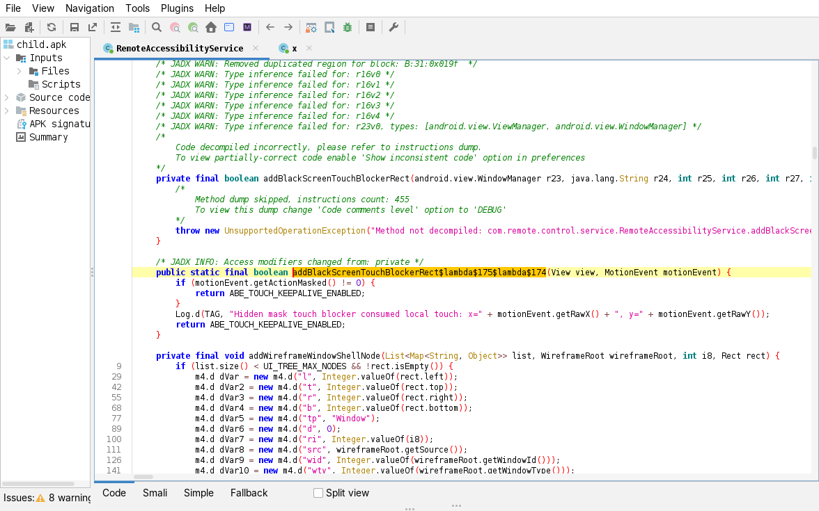 jadx, addBlackScreenTouchBlockerRect touch handler: reads motionEvent.getRawX()/getRawY() on each touch-down